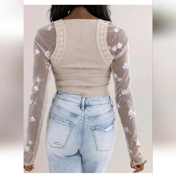 Free People Women’s Small Jolie Long Sheer Sleeves Square Neck Cashmere Camo New - Picture 4 of 10